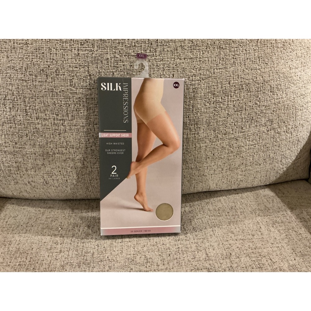 Silk Impressions 2 Pair Light Support Sheer High Waisted Pantyhose Beige XXL 20D